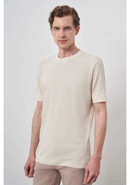 Erkek Bej Trend Bisiklet Yaka T-Shirt modelleri