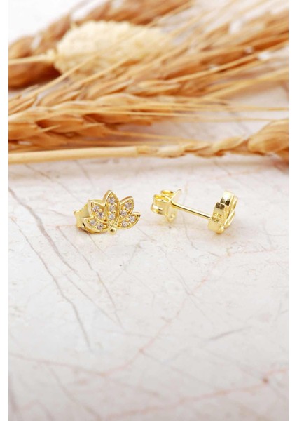 Lotus Çiçeği Altın Kaplama Mini Gümüş Küpe 7379