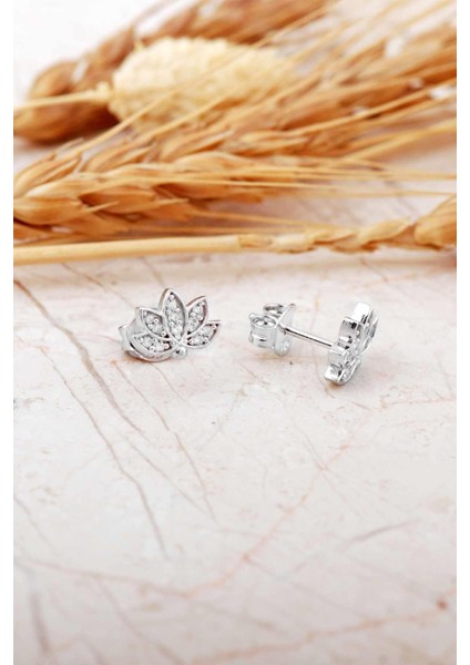 Lotus Çiçeği Rodyumlu Mini Gümüş Küpe 7378