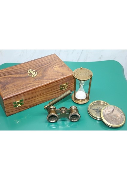 Ahşap Kutulu Pirinç Pusula, Kum Saati, Dürbün Seti