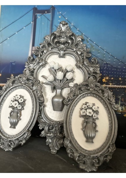 Gümüş Çiçekli 3 Lü El Yapımı Duvar Tablo 42CM