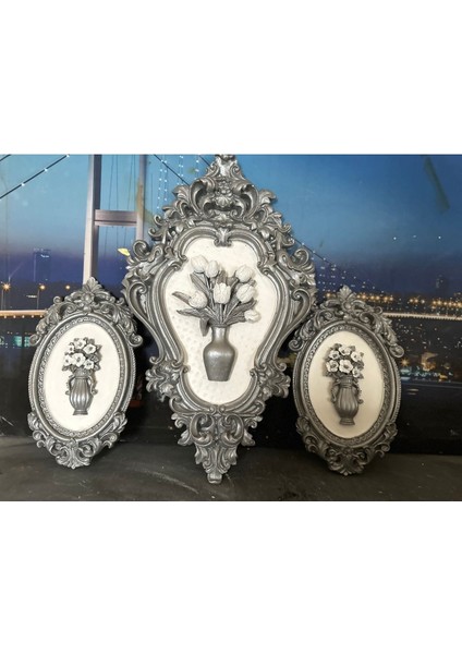 Gümüş Çiçekli 3 Lü El Yapımı Duvar Tablo 42CM modelleri