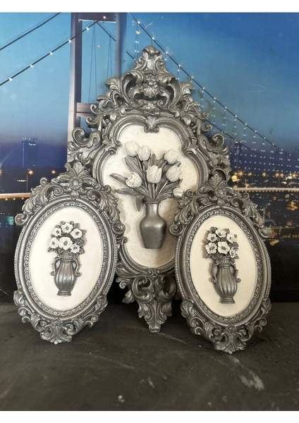 Gümüş Çiçekli 3 Lü El Yapımı Duvar Tablo 42CM fırsatları