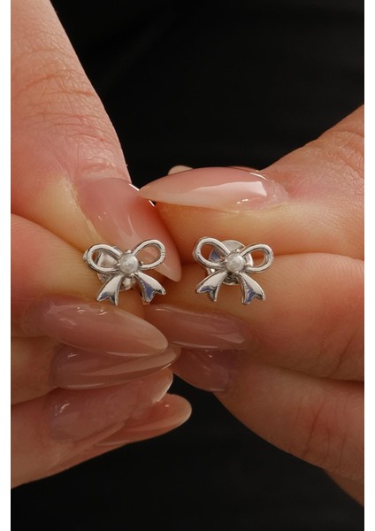 Incili Fiyonk Rodyumlu Mini Gümüş Küpe 7368