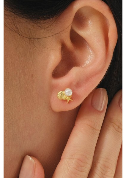 Incili Deniz Kabuğu Yıldızı Altın Kaplama Mini Gümüş Küpe 7366