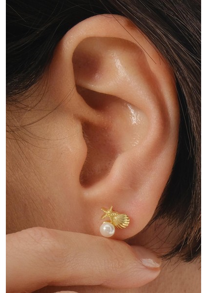 Incili Deniz Kabuğu Yıldızı Altın Kaplama Mini Gümüş Küpe 7366 modelleri