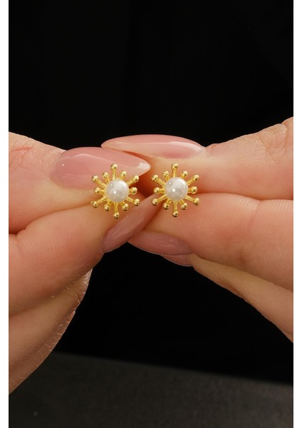 Incili Güneş Altın Kaplama Mini Gümüş Küpe 7364