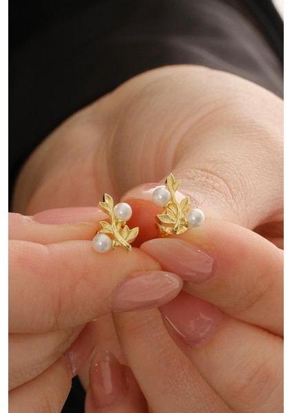 Incili Dallı Altın Kaplama Mini Gümüş Küpe 7363