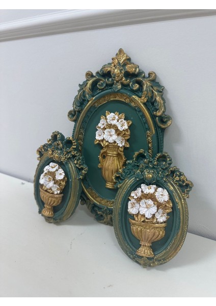 Yeşil Çiçekli Tablo Set 3 Lü Duvar Masa Tablo Büyük 22CM Küçük 13CM modelleri