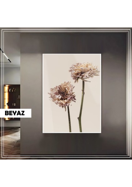 |krem Kuru Çiçek (Drıed Flower) Modeli|çerçeveli Temperli Cam Tablo Tekli Dikey