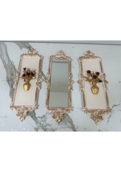 Dekoratif Duvar Tablosu Çiçek ve Aynalı El Yapımı Tablo 46 cm