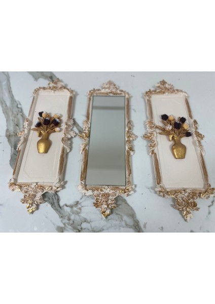 Dekoratif Duvar Tablosu Çiçek ve Aynalı El Yapımı Tablo 46 cm