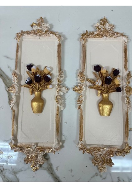 Dekoratif Duvar Tablosu Çiçek ve Aynalı El Yapımı Tablo 46 cm