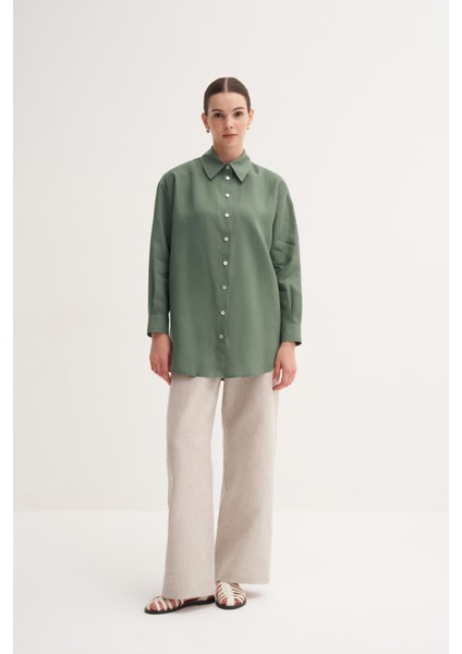 Haki %100 Keten Rahat Kalıp Midi Gömlek