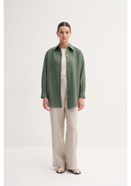 Haki %100 Keten Rahat Kalıp Midi Gömlek fiyatları