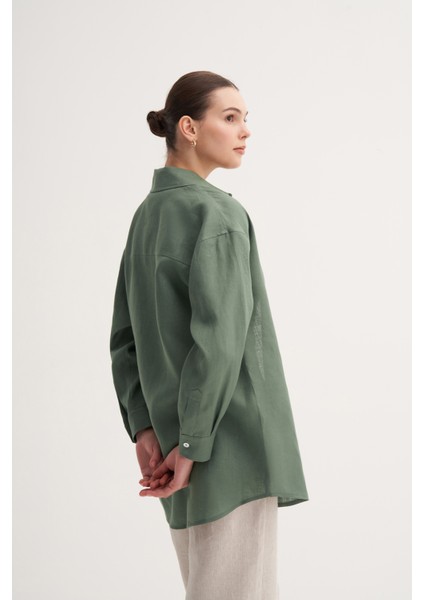 Haki %100 Keten Rahat Kalıp Midi Gömlek modelleri