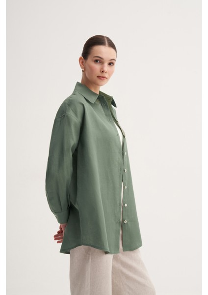 Haki %100 Keten Rahat Kalıp Midi Gömlek fırsatları