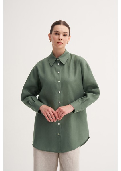 Haki %100 Keten Rahat Kalıp Midi Gömlek indirimleri