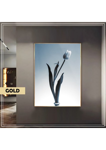 |(Lıly) Lacivert Beyaz Lale Modeli|çerçeveli Temperli Cam Tablo Tekli Dikey