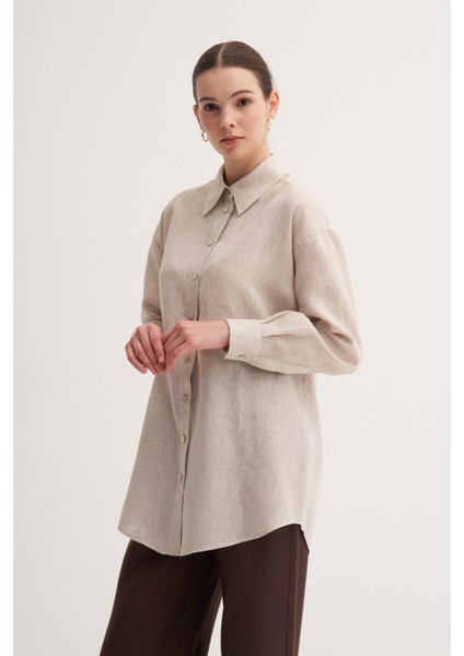 Natürel %100 Keten Rahat Kalıp Midi Gömlek fırsatları