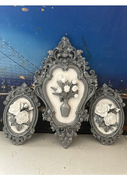 Gümüş Çiçekli Duvar Tablo 3 Lü Set , El Yapımı Dekoratif Duvar Süsü