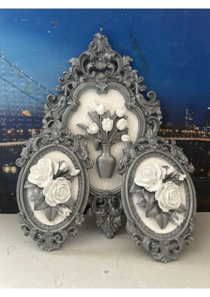 Gümüş Çiçekli Duvar Tablo 3 Lü Set , El Yapımı Dekoratif Duvar Süsü modelleri