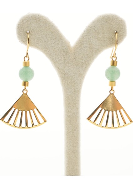 Doğal Taşlı Yelpaze Küpe – Aventurin & Altın Kaplama