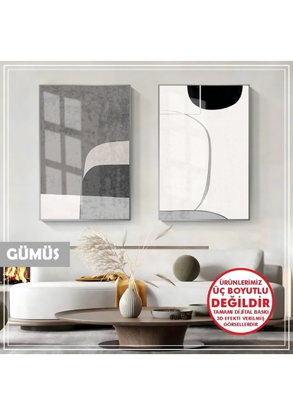 |soyut Gri Kontrastlı Kombin |çerçeveli Cam Tablo 2li Dikey