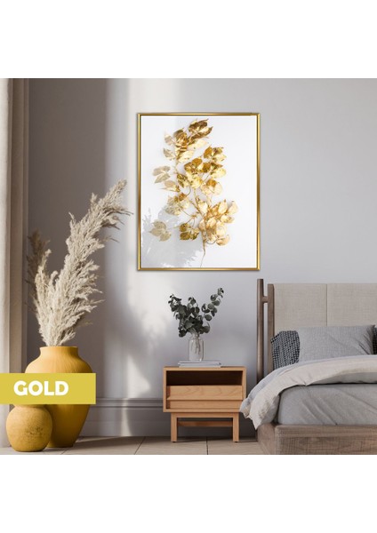 |parlak Gold Yaprak Deseni|çerçeveli Temperli Cam Tablo Tekli Dikey