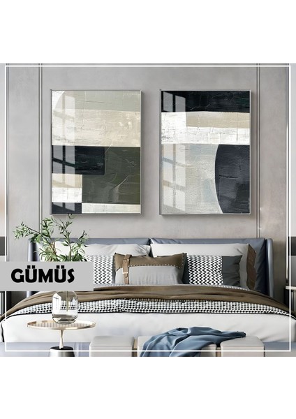 |soyut|ekru Gri Tonlar Abstract Kombin |çerçeveli Cam Tablo 2li Dikey