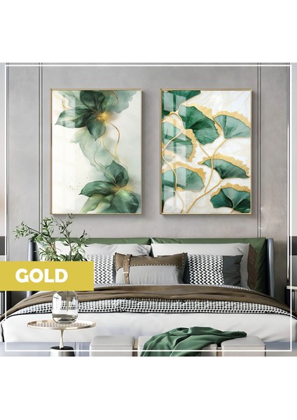 |gold Yeşil Yaprak Çiçek Kombin (Gıngkgo) |çerçeveli Cam Tablo 2li Dikey