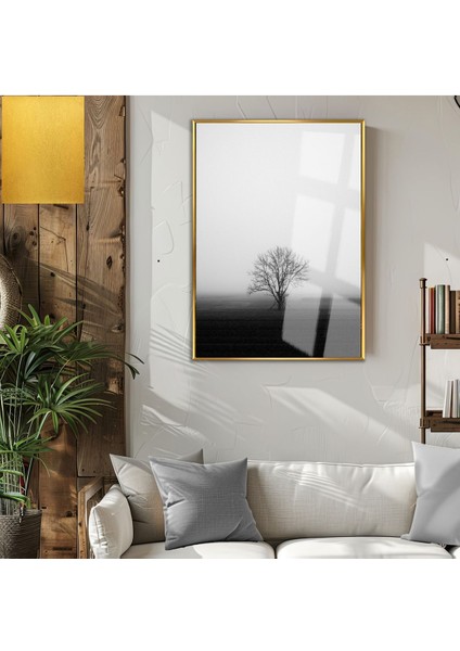 |siyah-Beyaz Arazi Ağaç Manzara Model (Tree) |çerçeveli Temperli Cam Tablo Tekli Dikey