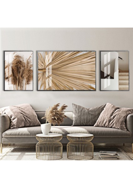|krem Tonlu Merdiven Kuru Palmiye Kombinii |çerçeveli Temperli Cam Tablo 3lü Yatay