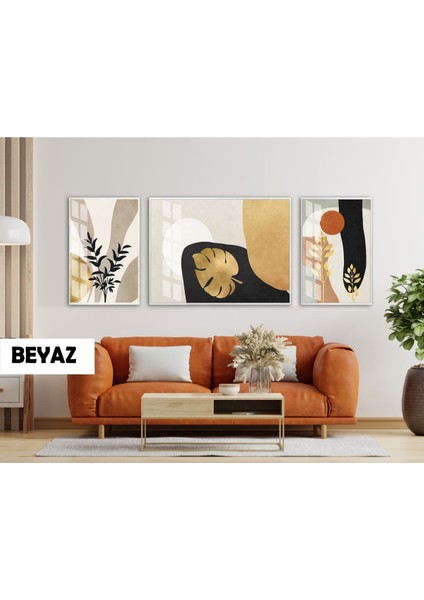 |(Abstract) Bohem Altın Yapraklı Model |çerçeveli Temperli Cam Tablo 3lü Yatay