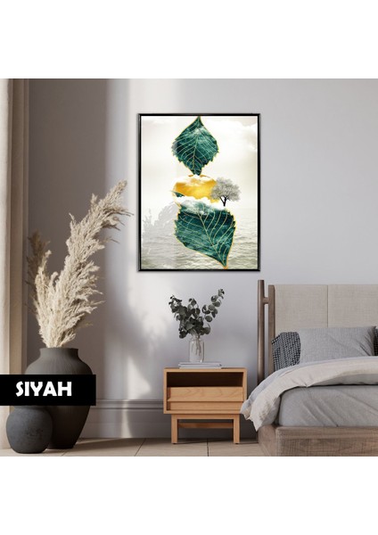 |yeşil-Gold Yaprak Modern Model|çerçeveli Cam |çerçeveli Temperli Cam Tablo Tekli Dikey