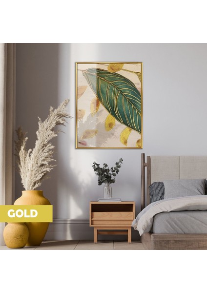 |gold-Yeşil Yaprak Modeli(Paınted Leaves) |çerçeveli Temperli Cam Tablo Tekli Dikey