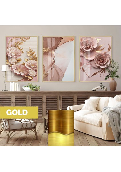 |pembe Gold Soft Gül Soyut Kombini |çerçeveli Cam Tablo 3lü Dikey