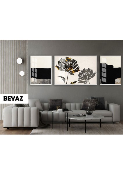 |(Abstract) Gardenya Çiçek Modeli|çerçeveli Temperli Cam Tablo 3lü Yatay