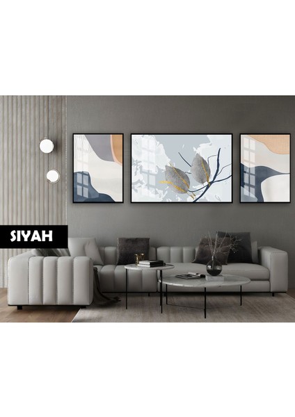 |(Abstract) Gold-Gri Soft Yaprak Dalı Modeli|çerçeveli Temperli Cam Tablo 3lü Yatay