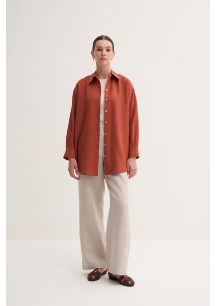 Kiremit %100 Keten Rahat Kalıp Midi Gömlek