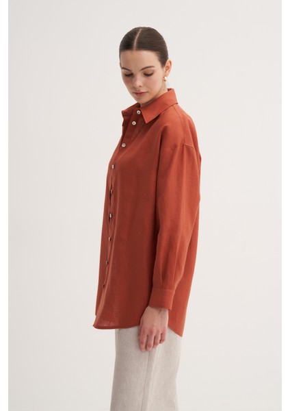 Kiremit %100 Keten Rahat Kalıp Midi Gömlek modelleri