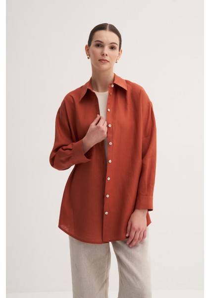 Kiremit %100 Keten Rahat Kalıp Midi Gömlek fırsatları