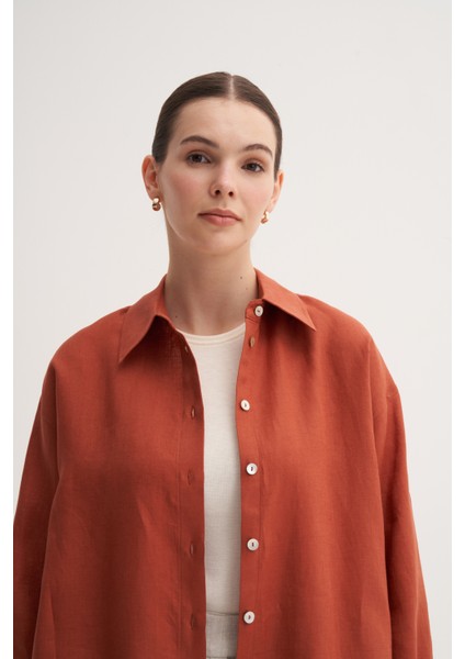 Kiremit %100 Keten Rahat Kalıp Midi Gömlek indirimleri