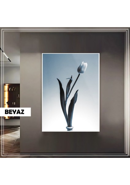 |(Lıly) Lacivert Beyaz Lale Modeli|çerçeveli Temperli Cam Tablo Tekli Dikey