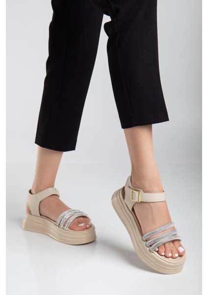 Lalen Bej Kemerli Comfort Kadın Sandalet