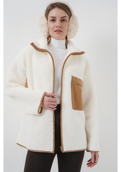 55446 Fermuarlı Oversize Peluş Ceket Mont - Camel fırsatları