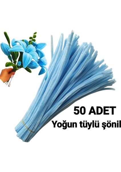 50 Adet Bebek Mavi Şönil, Eğitici Şönil Seti, Yoğun Tüylü Tel, 30 cm