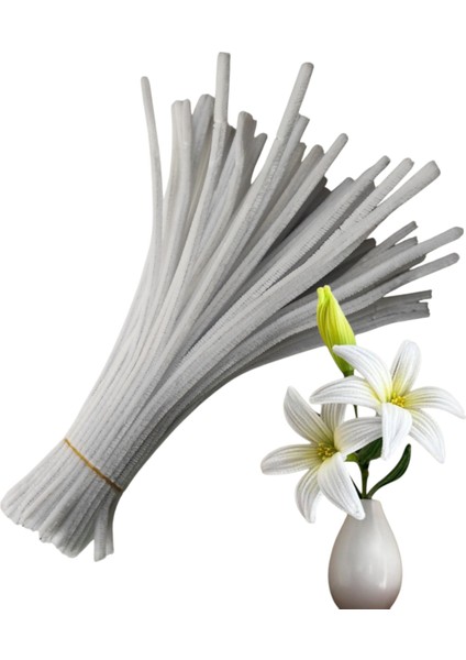 50 Adet Beyaz Şönil, Eğitici Şönil Seti, Yoğun Tüylü Tel, 30 cm