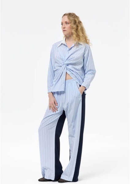 Kumaş Matchli Çizgili Lacivert Kadın Pantolon PNT00256