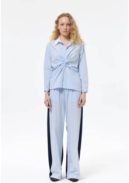 Kumaş Matchli Çizgili Lacivert Kadın Pantolon PNT00256 modelleri